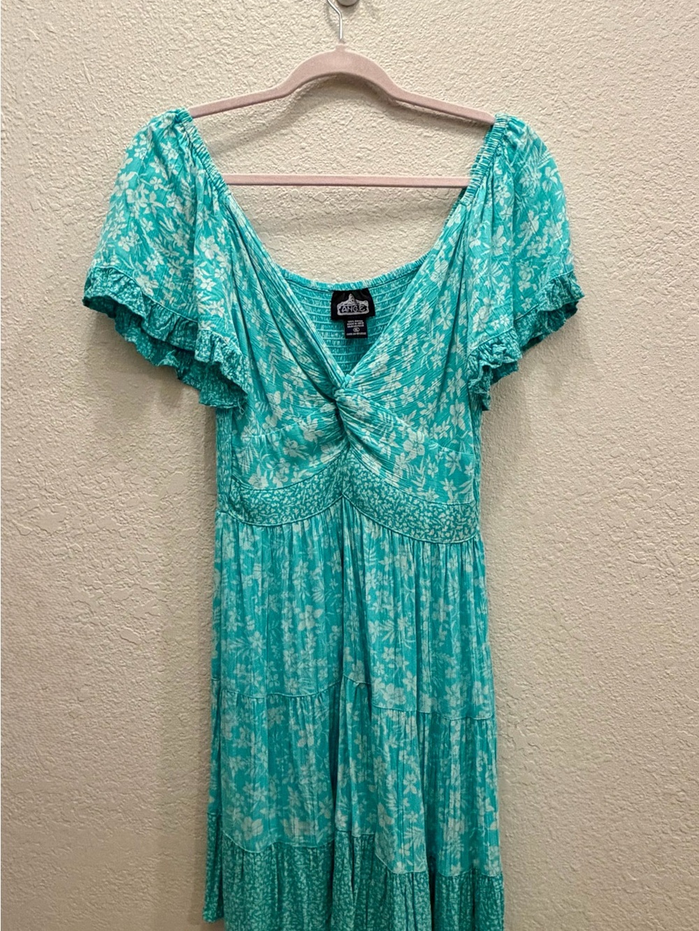 Angie Turquoise Floral Boho Tiered Dress Smocked Back Size XL